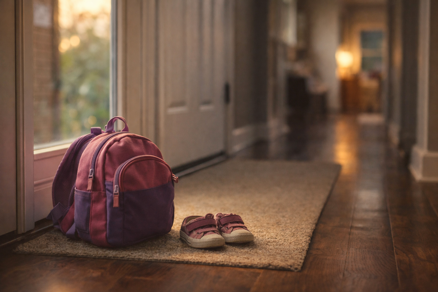 Child’s backpack and shoes by a front door after daycare in the evening