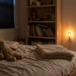 Softly lit child’s bedroom at night with a stuffed toy and blanket, representing nighttime emotional exhaustion after daycare