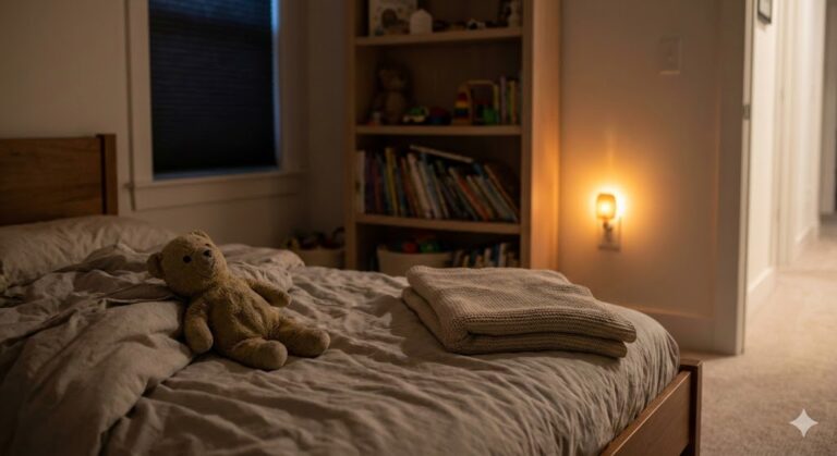 Softly lit child’s bedroom at night with a stuffed toy and blanket, representing nighttime emotional exhaustion after daycare