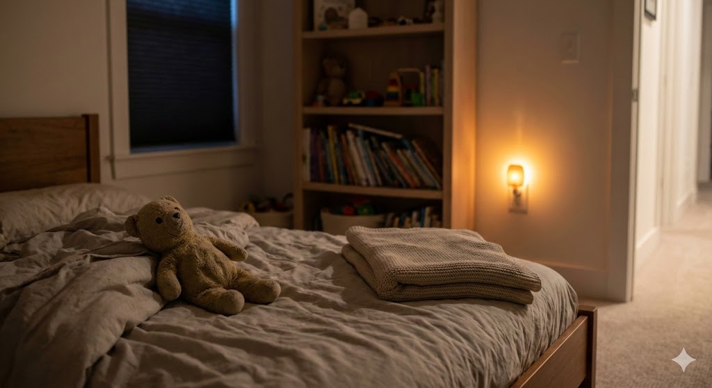 Softly lit child’s bedroom at night with a stuffed toy and blanket, representing nighttime emotional exhaustion after daycare