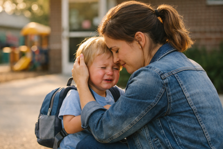 Parent comforting a toddler crying after daycare