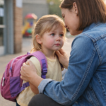 Parent reassuring a toddler during daycare drop-off