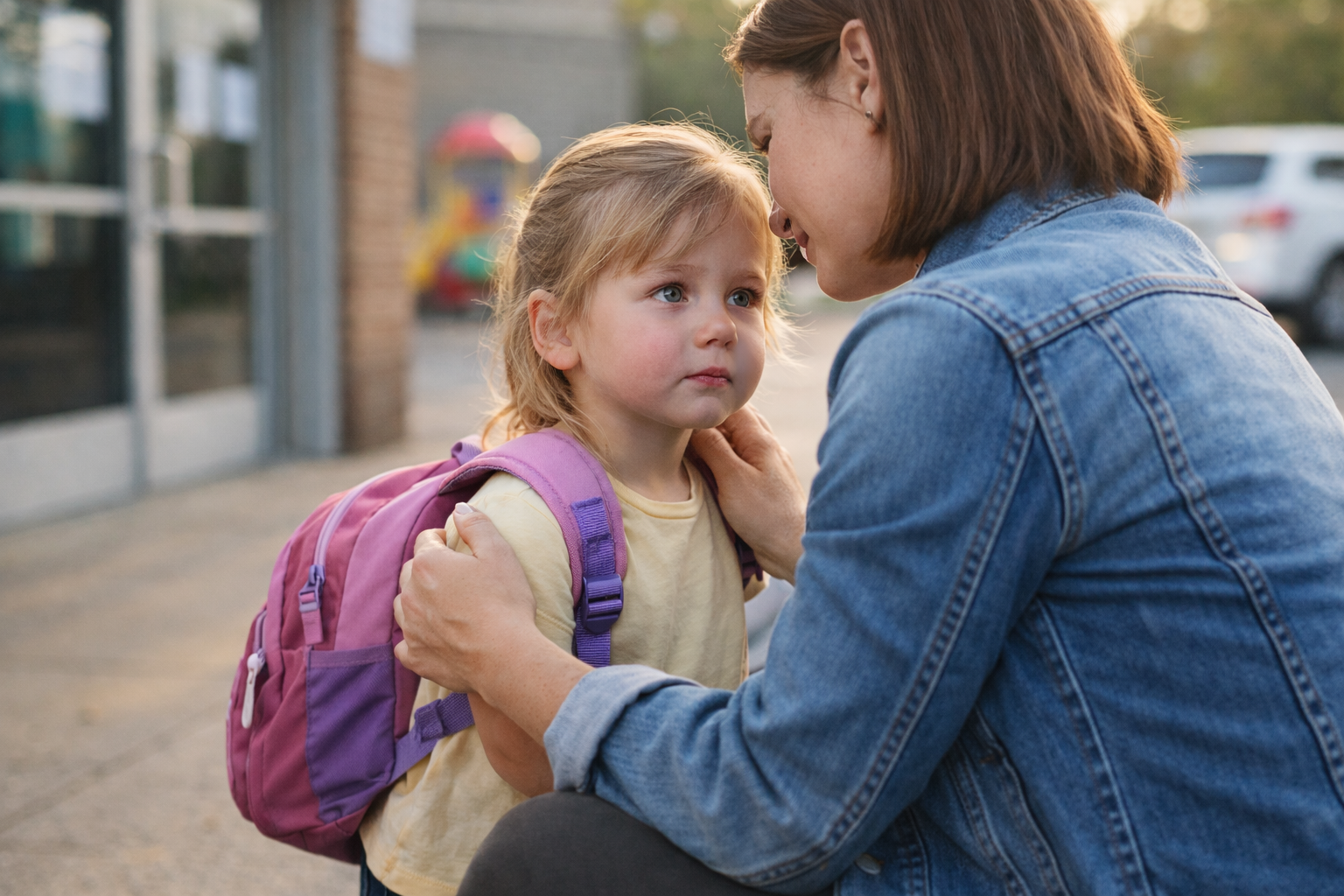 Parent reassuring a toddler during daycare drop-off