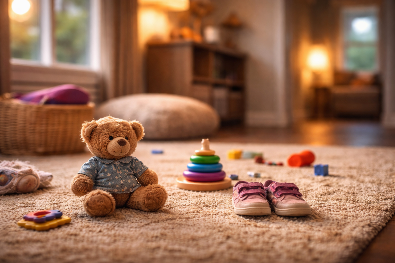 Teddy bear and pink toddler shoes in a cozy living room with soft evening light, surrounded by toys and a colorful stacking ring set