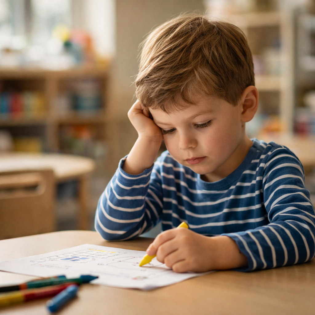 Child sitting at a Pre-K classroom table with focused expression during structured learning time